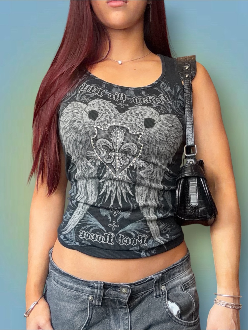 Black Sleeveless Tank Top with Gray Angel Wings Graphic